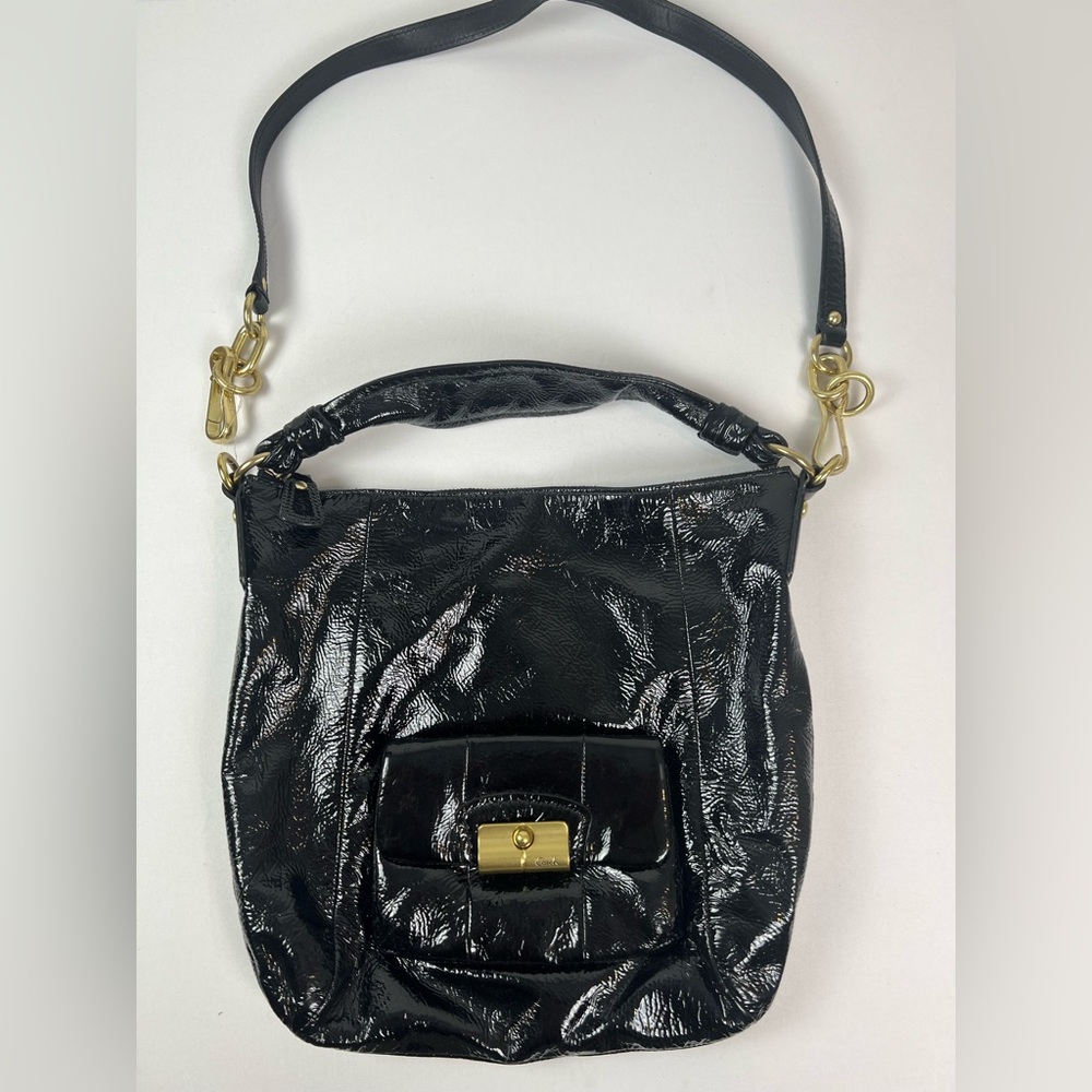 COACH KRISTIN Black Patent Leather Hobo Shoulder Bag w/detachable  strap